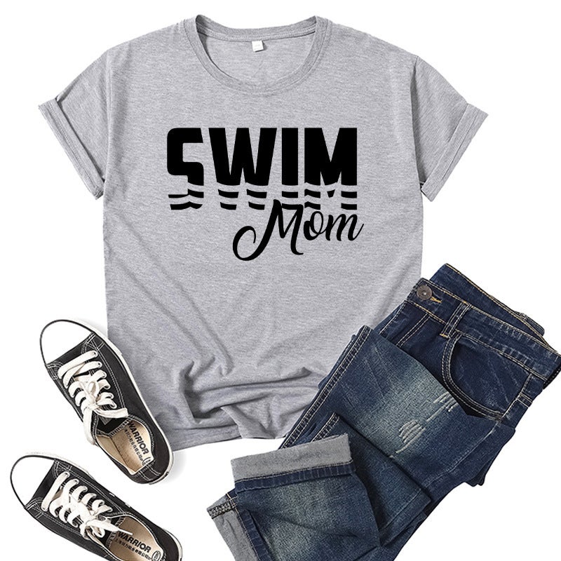 Foreign Trade Cross-border Swimming Mom Swim Mom Printed Short-sleeved Round Neck T-shirt European and American Mens and Womens Top Loose Casual Grey 