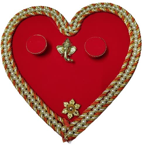 MOREL HARDWOOD HEART SHAPE ENGAGEMENT RING PLATTER MDF BASE RED AND GOLD COLOR HEART SHAPE DECORATIVE TRAY WITH 2 RING HOLDER - Image 1