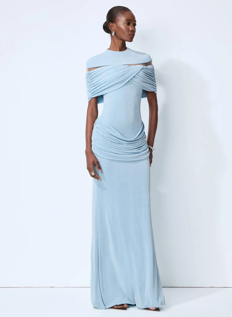 Sunfere Softly Beautiful Blue Ruched Crisscross Knit Maxi Dress