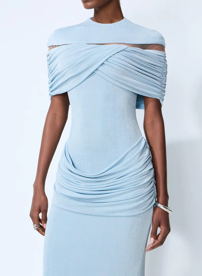 Sunfere  Softly Beautiful Blue Ruched Crisscross Knit Maxi Dress for Women | Best Price UAE