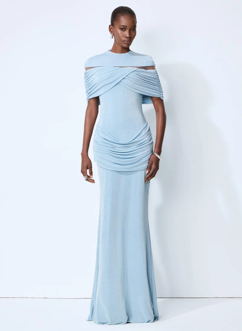 Sunfere Softly Beautiful Blue Ruched Crisscross Knit Maxi Dress