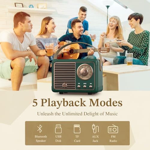 PRUNUS J-999 Retro Bluetooth Speaker,Vintage Decor,Mini Wireless Bluetooth Speaker,Cute Old Fashion Style Support USB/TF Card/AUX for Kitchen Desk Bedroom Office Party Outdoor(Green) - Image 2