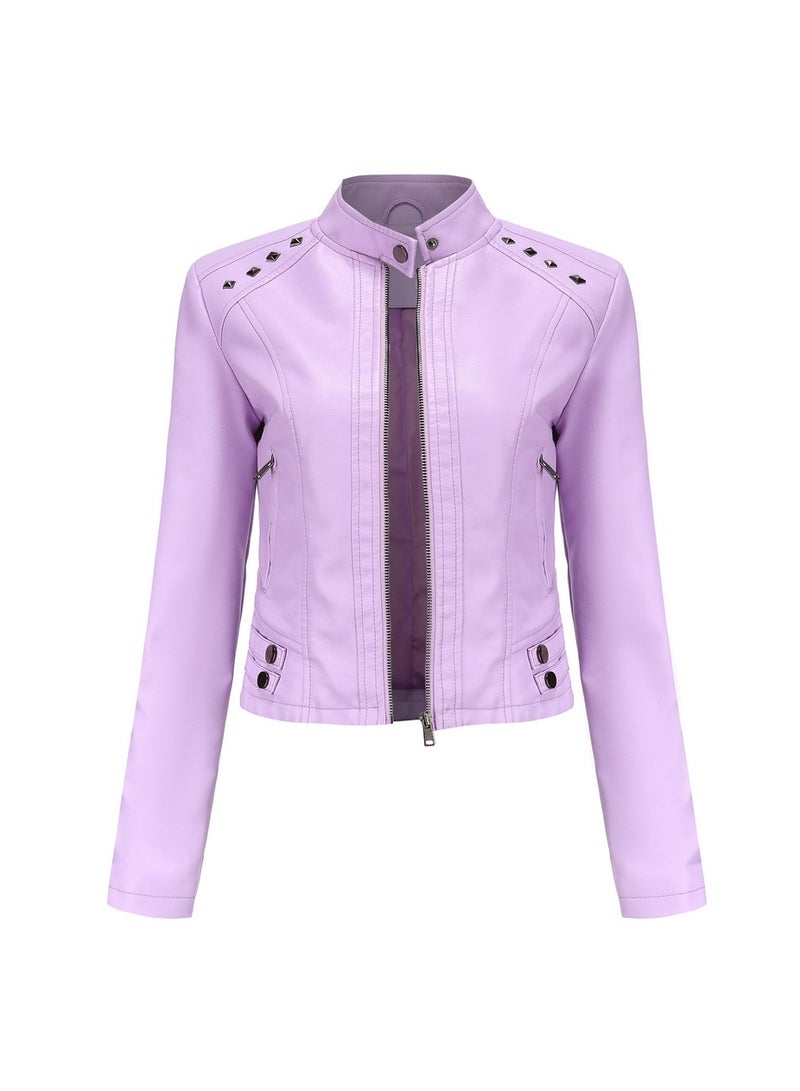Women's New Riveted Leather Stand Neck Fashion Jacket Sakura - Image 1