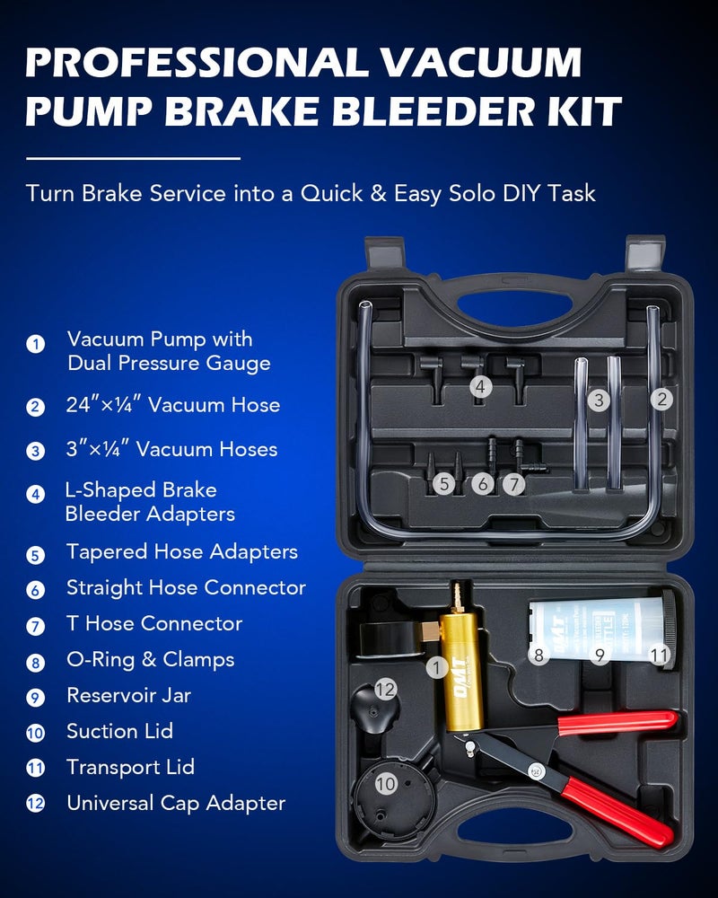 Orion Motor Tech Brake Bleeder Kit with Hand Pump and Pressure Gauge, Hand Vacuum Pump with Brake Bleeder Bottle Adapters Case & Gloves for One Person Brake Fluid Power Steering Fluid Bleeding - Image 2