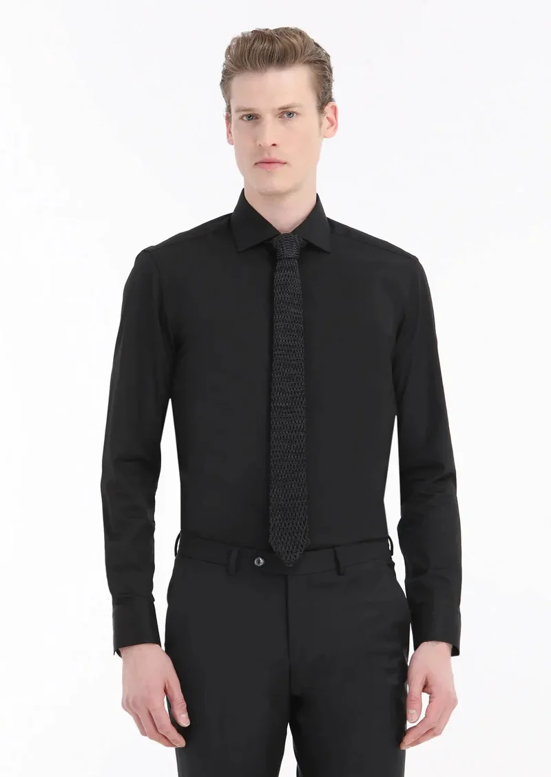 RAMSEY Black Plain Regular Fit Weaving Classical Cotton Blended Shirt