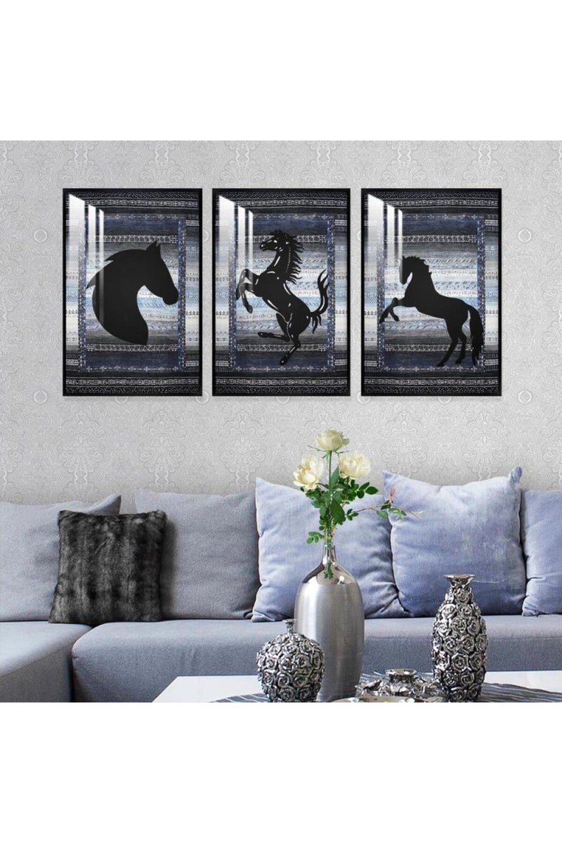 Marktna Three wooden wall painting with a horse design, with a frame and a clear acrylic layer. - Image 1