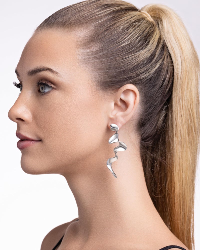 SNGIA Big Silver Plated Spiral Dressy Fashion Geometric Statement Earrings for Women by SNGIA, Large Chunky Trendy Vintage Drop Dangle Boho Earrings Jewelry Gifts. - Image 2