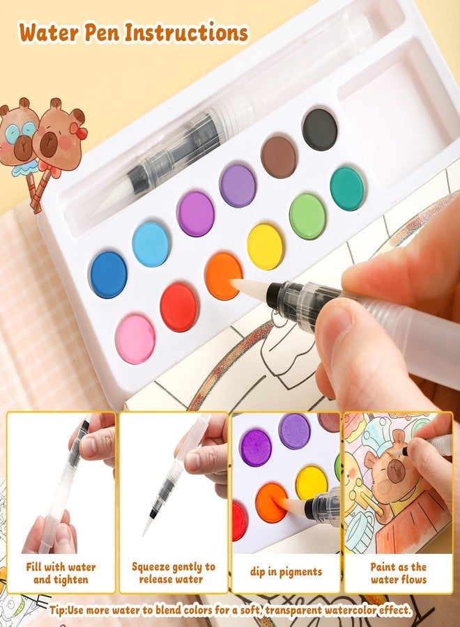 HELIMIX Watercolor Painting Book Set for Kids – 24 Doodle Coloring Sheets, 12 Solid Watercolor Paints & Water Brush Pen | DIY Art & Craft Kit | Birthday Return Gift for Boys & Girls Age 3–10 Years (CAPYBARA) - Image 5