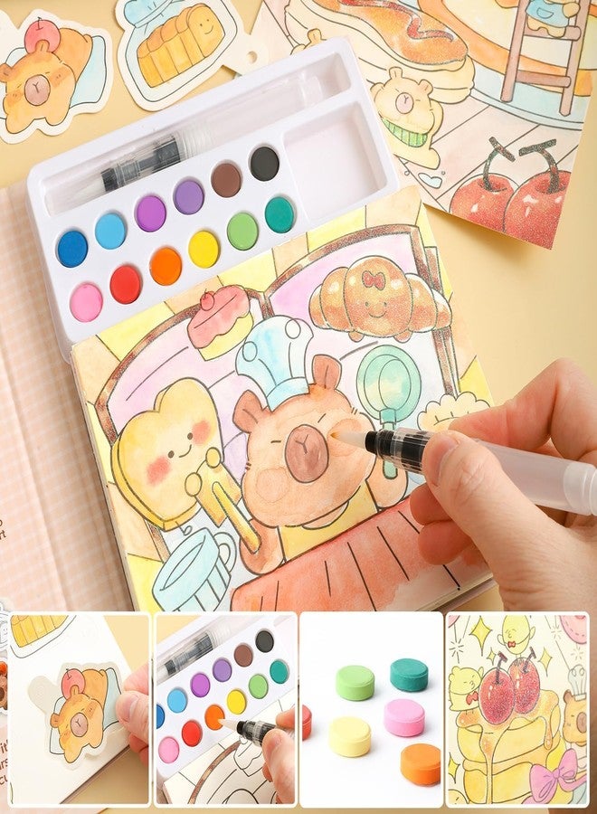 HELIMIX Watercolor Painting Book Set for Kids – 24 Doodle Coloring Sheets, 12 Solid Watercolor Paints & Water Brush Pen | DIY Art & Craft Kit | Birthday Return Gift for Boys & Girls Age 3–10 Years (CAPYBARA) - Image 2