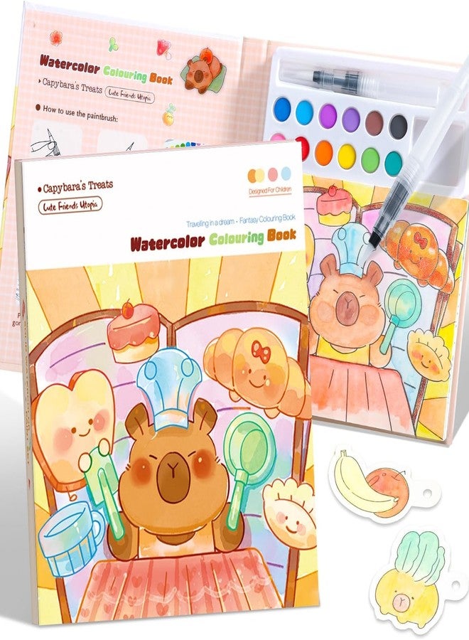 HELIMIX Watercolor Painting Book Set for Kids – 24 Doodle Coloring Sheets, 12 Solid Watercolor Paints & Water Brush Pen | DIY Art & Craft Kit | Birthday Return Gift for Boys & Girls Age 3–10 Years (CAPYBARA) - Image 1