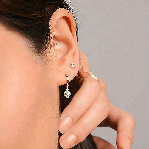 Dtja CZ Bezel Dangle Hoop Earrings for Women Girls 925 Sterling Silver Charms Minimalist Tiny Round Cubic Zirconia Drop Dangling Cartilage Helix Tragus Diamond Solicate Hypoallergenic Jewelry (Gold-Toned) - Image 3