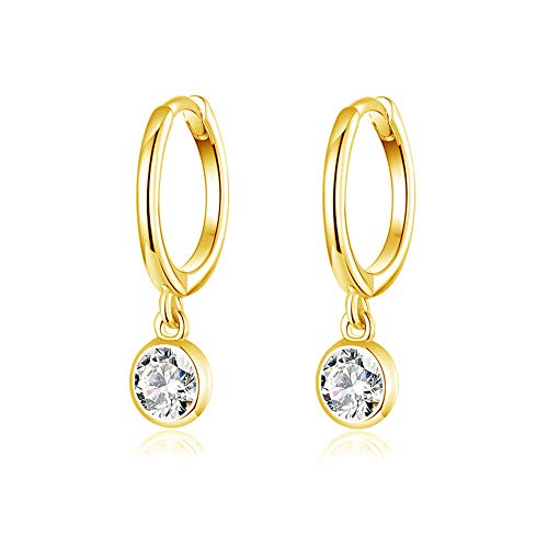 Dtja CZ Bezel Dangle Hoop Earrings for Women Girls 925 Sterling Silver Charms Minimalist Tiny Round Cubic Zirconia Drop Dangling Cartilage Helix Tragus Diamond Solicate Hypoallergenic Jewelry (Gold-Toned) - Image 1