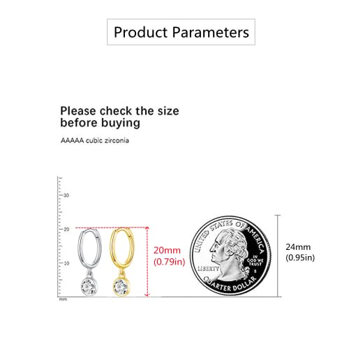Dtja CZ Bezel Dangle Hoop Earrings for Women Girls 925 Sterling Silver Charms Minimalist Tiny Round Cubic Zirconia Drop Dangling Cartilage Helix Tragus Diamond Solicate Hypoallergenic Jewelry (Gold-Toned) - Image 2