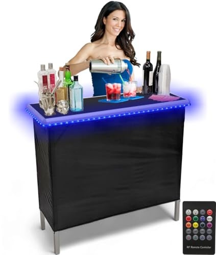 PARTYPONG PARTYPONG Folding Portable Bar wLED Lights Wireless Remote 2 Bar Skirts Storage Shelf  Carrying Case  Black 