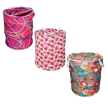 smart buy Round Cloth Foldable Laundry Basket Bag, Volume:40 L,Multi Color Collapsible Laundry Basket with Zippered Lid (42 X 42 X 49 cm) Multi Colour (pack of 1) - Image 1