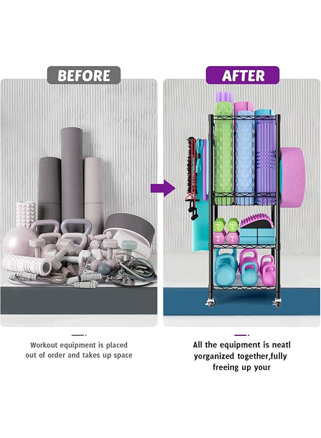 Solerconm Dumbbell Rack with 3 Tier Shelf Yoga Mat Storage Metal Home Gym Workout Equipment Storage Organizer with Hooks & Wheels (Black 43 x 29 x 120 CM) - Image 4