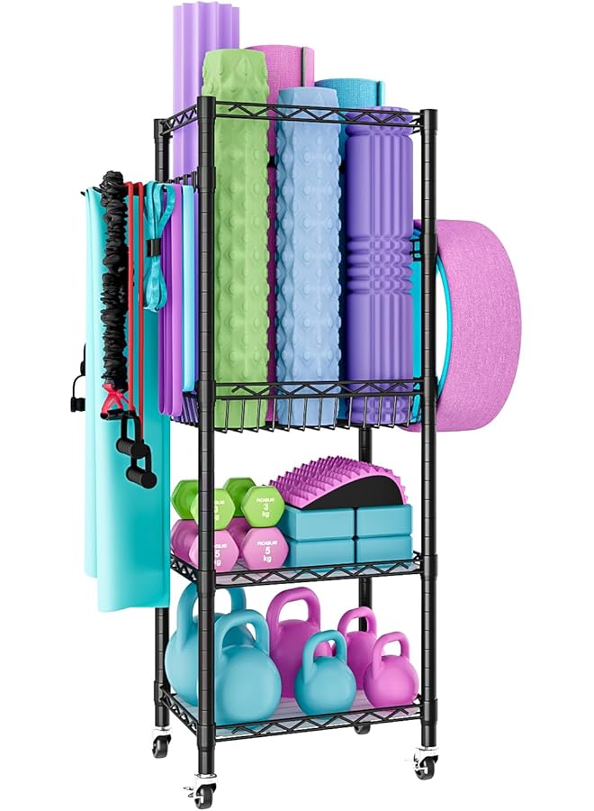 Solerconm Dumbbell Rack with 3 Tier Shelf Yoga Mat Storage Metal Home Gym Workout Equipment Storage Organizer with Hooks & Wheels (Black 43 x 29 x 120 CM) - Image 1