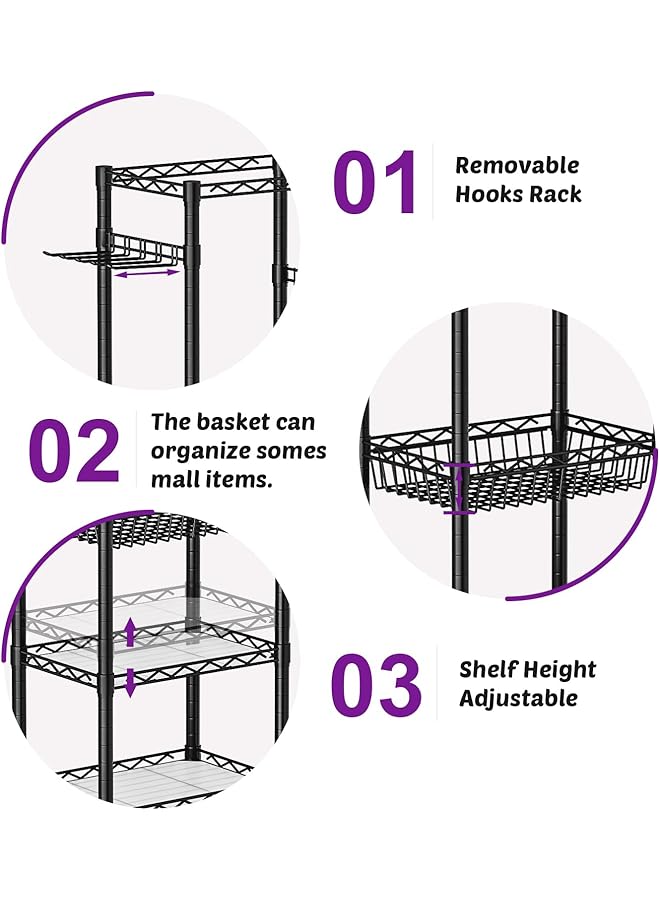 Solerconm Dumbbell Rack with 3 Tier Shelf Yoga Mat Storage Metal Home Gym Workout Equipment Storage Organizer with Hooks & Wheels (Black 43 x 29 x 120 CM) - Image 5