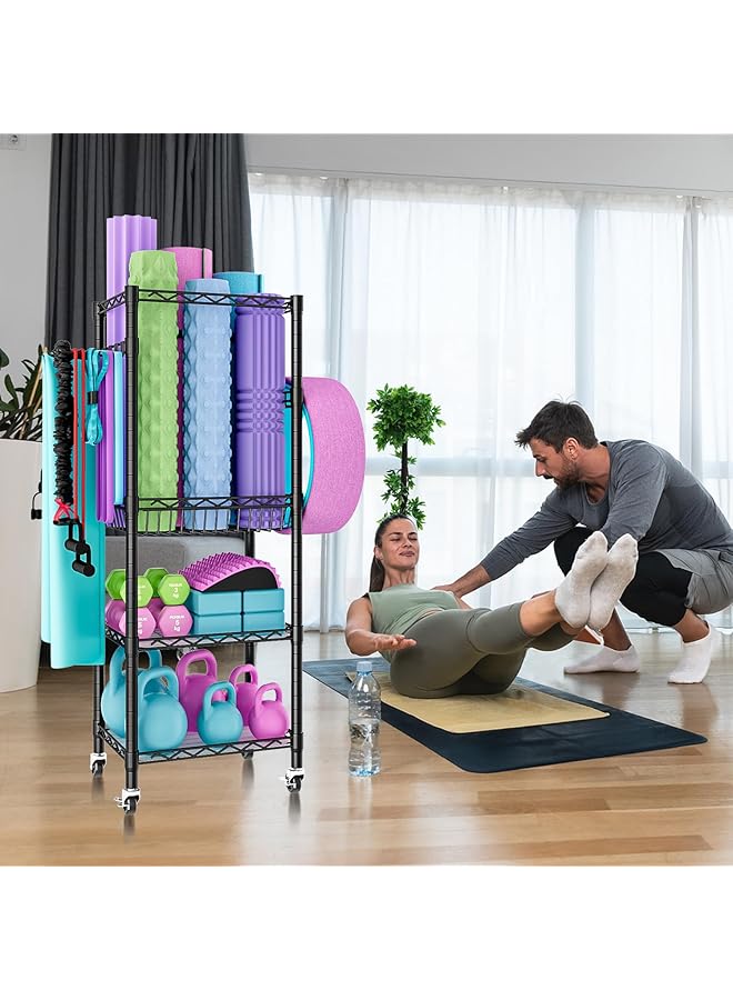 Solerconm Dumbbell Rack with 3 Tier Shelf Yoga Mat Storage Metal Home Gym Workout Equipment Storage Organizer with Hooks & Wheels (Black 43 x 29 x 120 CM) - Image 2