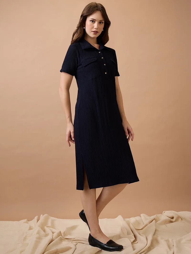 globus Globus Women Self Design Shirt Collar Pocket Detail Midi Sheath Workwear Dress
