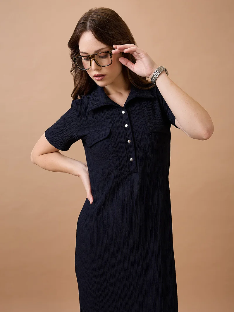 globus Globus Women Self Design Shirt Collar Pocket Detail Midi Sheath Workwear Dress