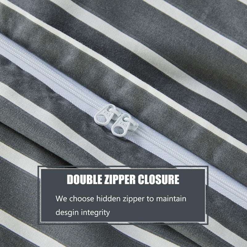 JELLYMONI 100% Natural Cotton 3pcs Striped Duvet Cover Sets, Dark Grey Duvet Cover with White Stripes Pattern Printed Comforter Cover, with Zipper Closure & Corner Ties(King Size) - Image 5