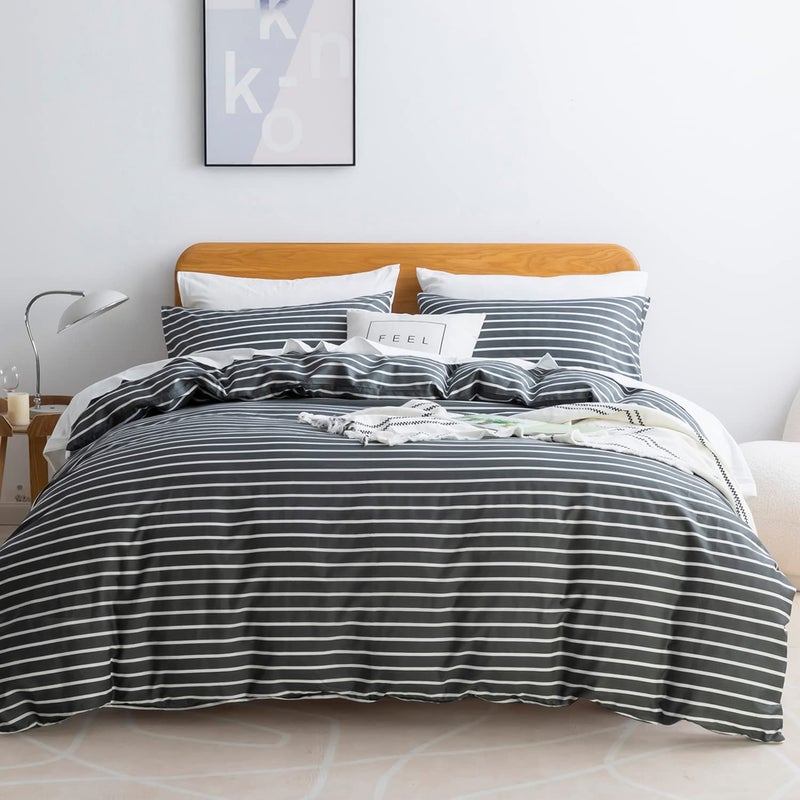 JELLYMONI 100% Natural Cotton 3pcs Striped Duvet Cover Sets, Dark Grey Duvet Cover with White Stripes Pattern Printed Comforter Cover, with Zipper Closure & Corner Ties(King Size) - Image 1