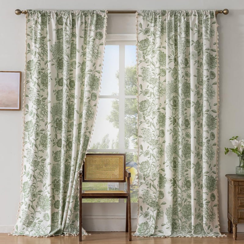 F-CHU Boho Curtains for Living Room 96 Inch Length French Country Floral Drapes Farmhouse Rustic Vintage Window Curtain Panels for Bedroom Chic Cotton Linen Closet Curtainsï¼Œ2 Panel Sage Green Curtains - Image 4