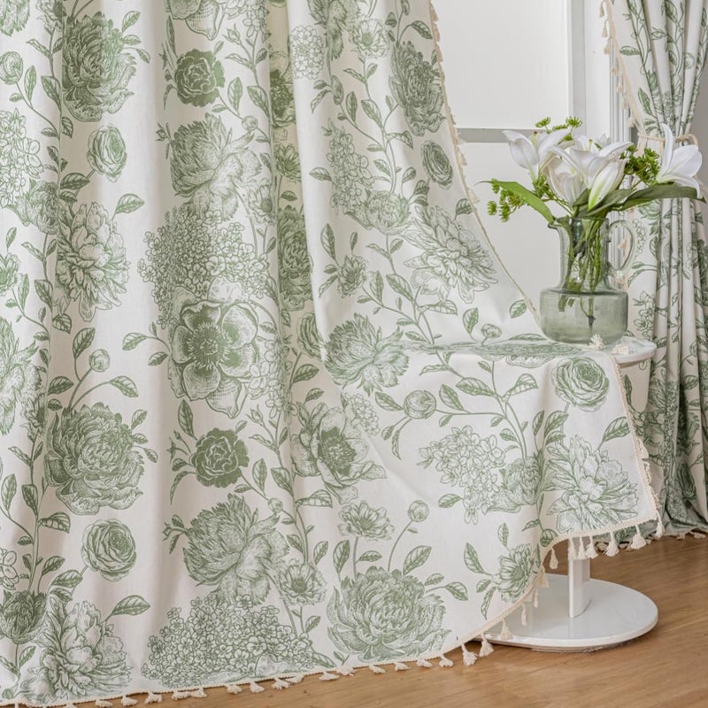 F-CHU Boho Curtains for Living Room 96 Inch Length French Country Floral Drapes Farmhouse Rustic Vintage Window Curtain Panels for Bedroom Chic Cotton Linen Closet Curtainsï¼Œ2 Panel Sage Green Curtains - Image 3
