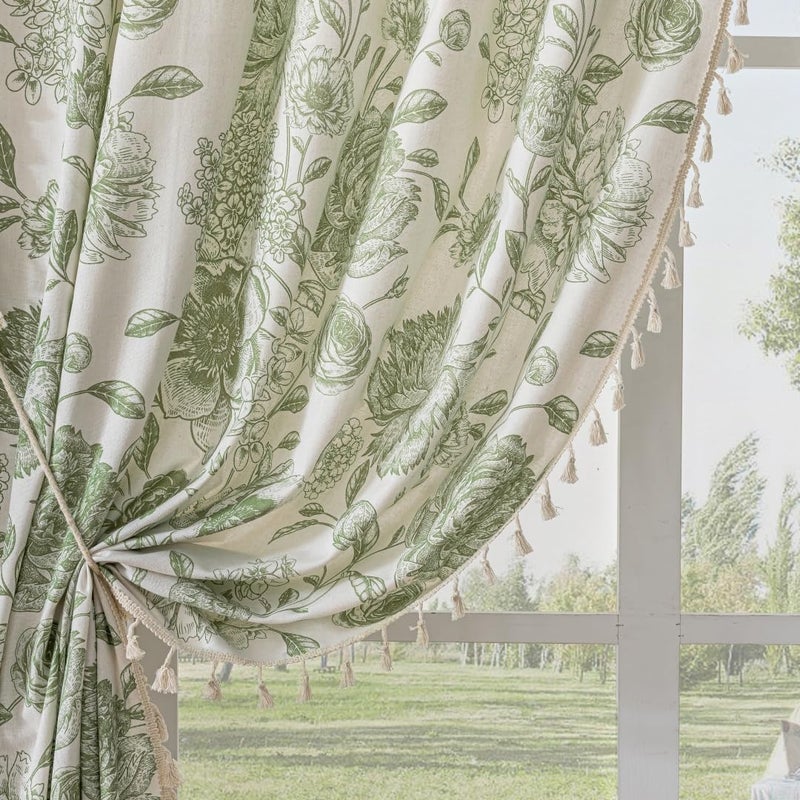 F-CHU Boho Curtains for Living Room 96 Inch Length French Country Floral Drapes Farmhouse Rustic Vintage Window Curtain Panels for Bedroom Chic Cotton Linen Closet Curtainsï¼Œ2 Panel Sage Green Curtains - Image 1