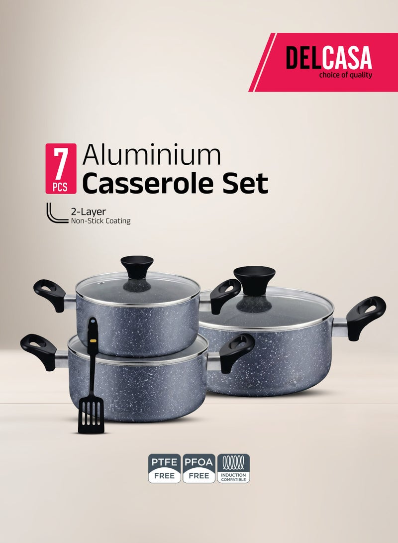 DELCASA طقم قدرات من الألمنيوم المغلف بالجرانيت 7 قطع | أدوات طهي متوافقة مع الحث مع أغطية زجاجية | أواني غير لاصقة، متينة وتوزيع حراري متساوي للغاز، السيراميك والهالوجين | رمادي