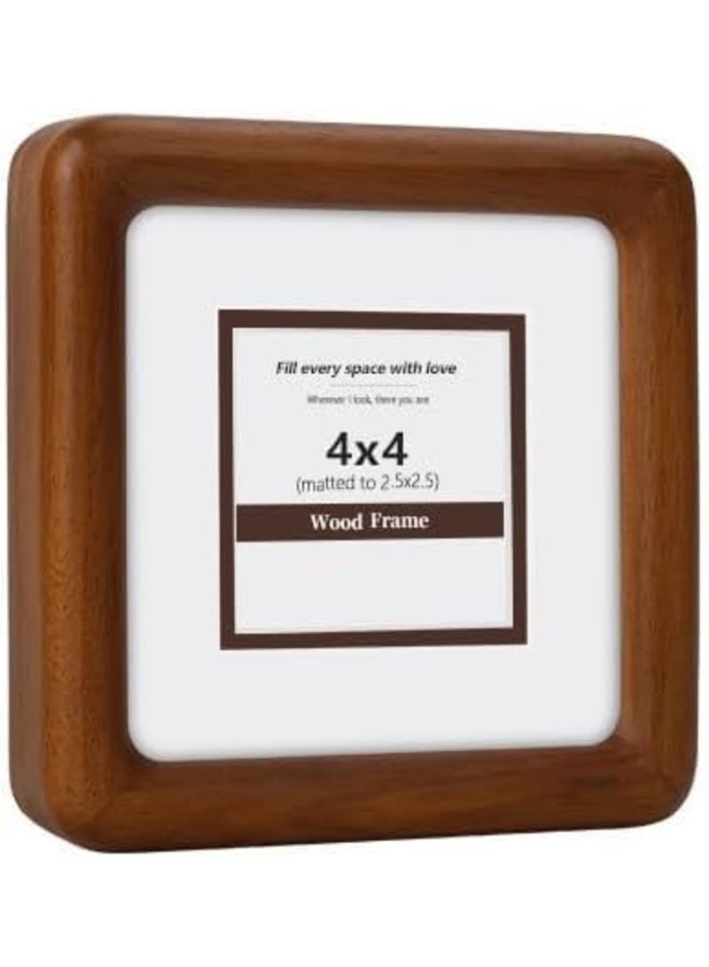 4x4 Wood Picture Frame, Solid Walnut Wooden Photo Frame with Tempered Glass, Rounded Corner Frame Matted to 2.5x2.5, Tabletop or Wall Display for Home Office Decor, Natural Brown - Image 1