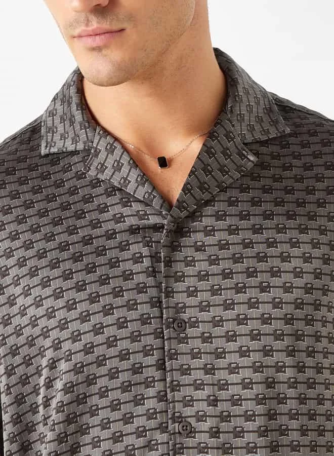 Emperor Emperor All-Over Print Camp Collar Shirt with Long Sleeves