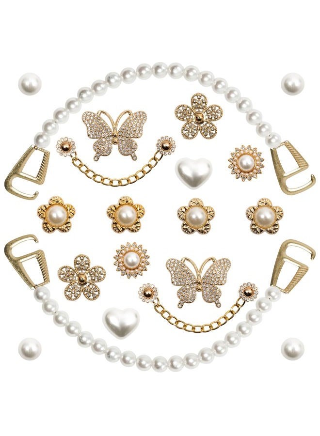 COAUXOG 20Pcs Gold Bling Shoe Charms Women Luxury Rhinestone Pearl Bling Jewelry Shoe Charms Gold Rhinestone Butterfly Flower Pearl Chain Shoe Decoration Clogs Shoes Fashion Charms Christmas Birthday Gift - Image 1