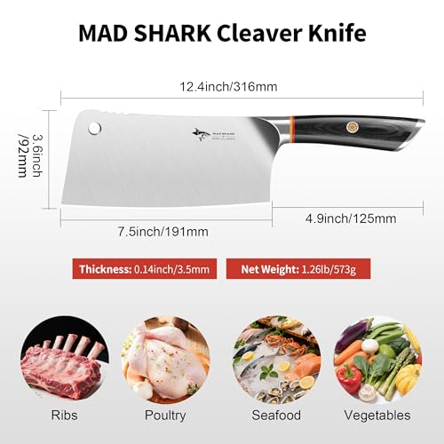 MAD SHARK Meat Cleaver, Professional 7.5 Inch Bone Chopping Butcher Knife with Heavy Duty Blade, German Military Grade Composite Steel, Chinese Chef's Bone Cutting Knife for Home Kitchen & Restaurant - Image 2