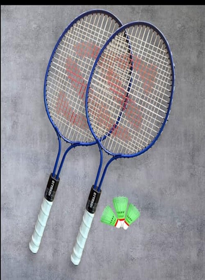 STYRKR Badminton Racket Set, Blue, 2 Rackets with 3 Shuttlecocks, White Grip Handle - Image 1