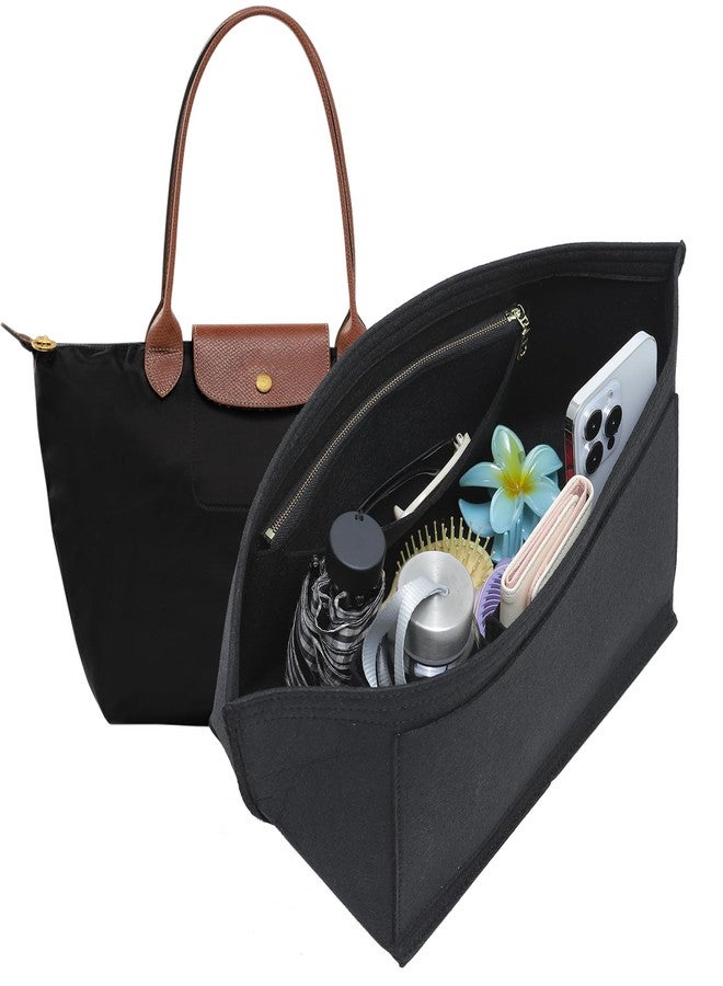 Doxo Longchamp Large Purse Organizer Insert, Bag Organizer with Cup Holder, Felt Zipper Long Champ Bag Organizer Insert Compatible with le pliage Tote Handbags and More (L,Black) - Image 1