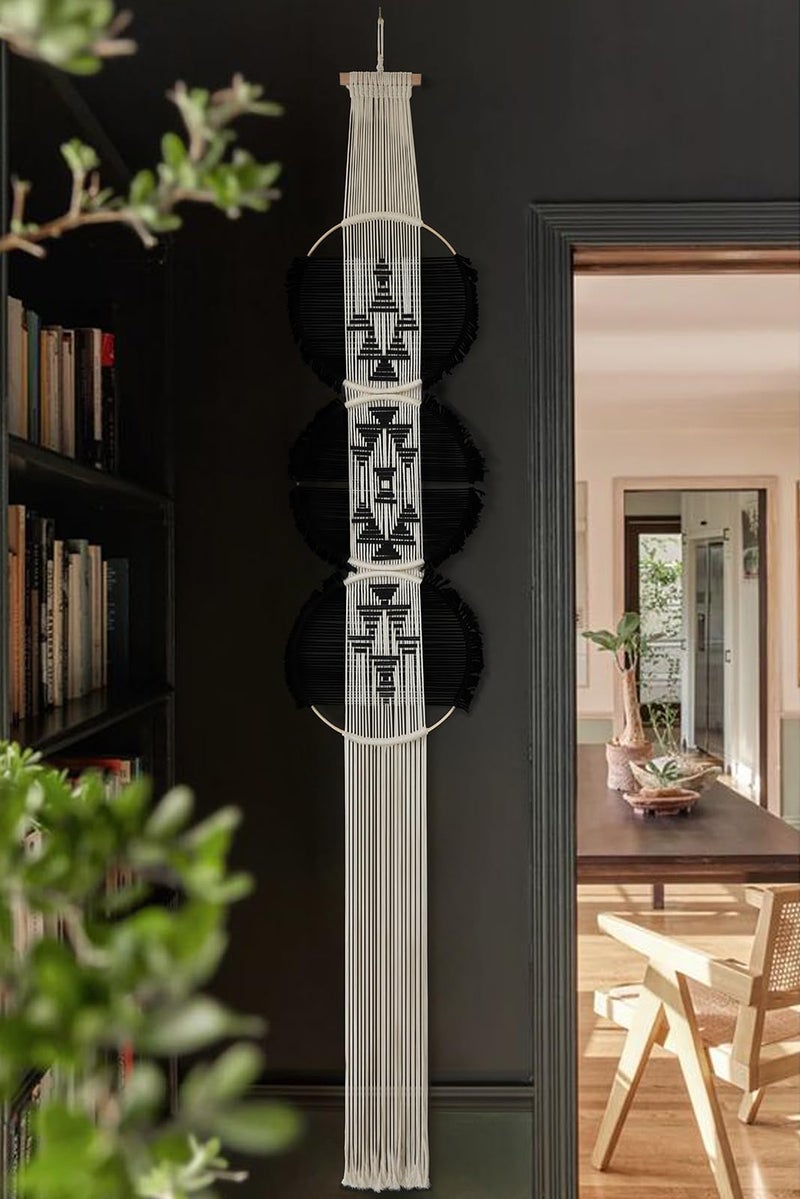 Flber Macrame Wall Hanging black and white Boho Wall Decor Art Living room wall art Round Handmade Geometric Lines Home DÃ©cor 11.8W x 65L - Image 2