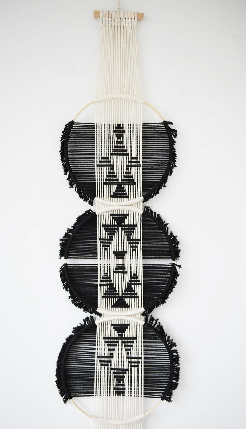 Flber Macrame Wall Hanging black and white Boho Wall Decor Art Living room wall art Round Handmade Geometric Lines Home DÃ©cor 11.8W x 65L - Image 4