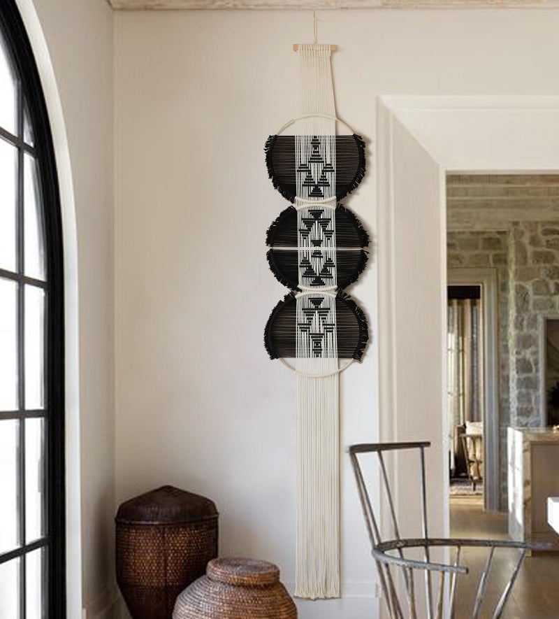 Flber Macrame Wall Hanging black and white Boho Wall Decor Art Living room wall art Round Handmade Geometric Lines Home DÃ©cor 11.8W x 65L - Image 1