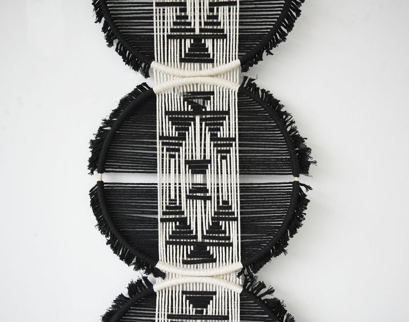 Flber Macrame Wall Hanging black and white Boho Wall Decor Art Living room wall art Round Handmade Geometric Lines Home DÃ©cor 11.8W x 65L - Image 5
