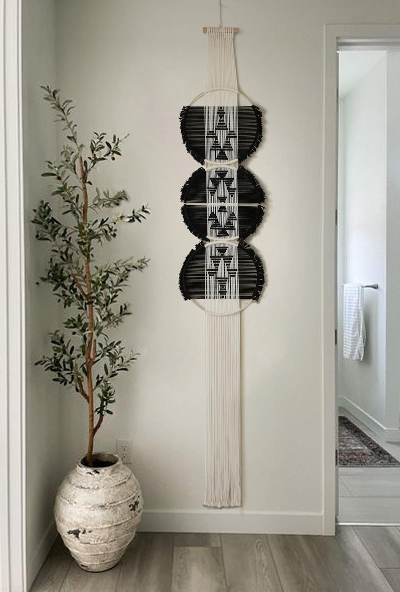 Flber Macrame Wall Hanging black and white Boho Wall Decor Art Living room wall art Round Handmade Geometric Lines Home DÃ©cor 11.8W x 65L - Image 3