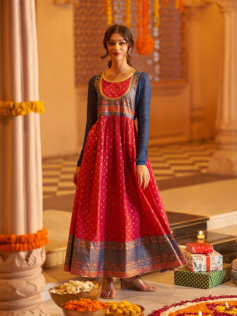 Aurelia Pink Ethnic Motif Cotton Anarkali Kurta with Lace - Image 2