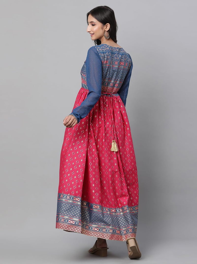Aurelia Pink Ethnic Motif Cotton Anarkali Kurta with Lace - Image 4