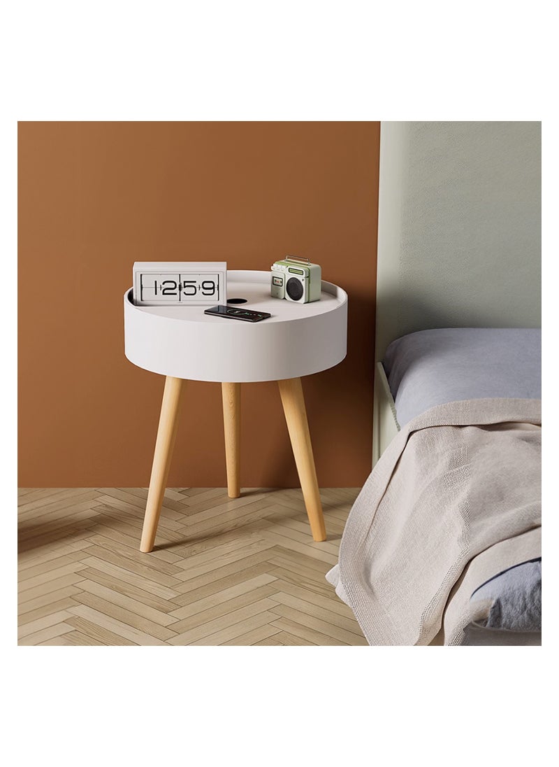 Occuwzz - Round Side Table with Charging Station Night Stand with Outlets USB Ports Wireless Charger  Storage Drawer Bedside Nightstand for Bedroom End Table for Living Room with Solid Wood Legs White - Image 1