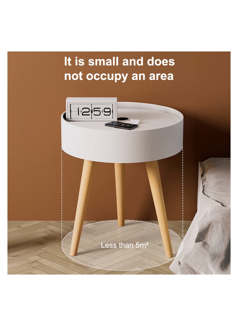 Occuwzz - Round Side Table with Charging Station Night Stand with Outlets USB Ports Wireless Charger  Storage Drawer Bedside Nightstand for Bedroom End Table for Living Room with Solid Wood Legs White - Image 1