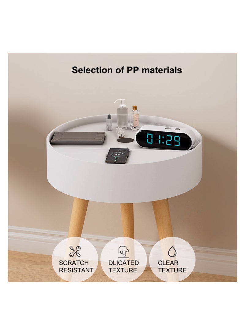Occuwzz - Round Side Table with Charging Station Night Stand with Outlets USB Ports Wireless Charger  Storage Drawer Bedside Nightstand for Bedroom End Table for Living Room with Solid Wood Legs White - Image 1