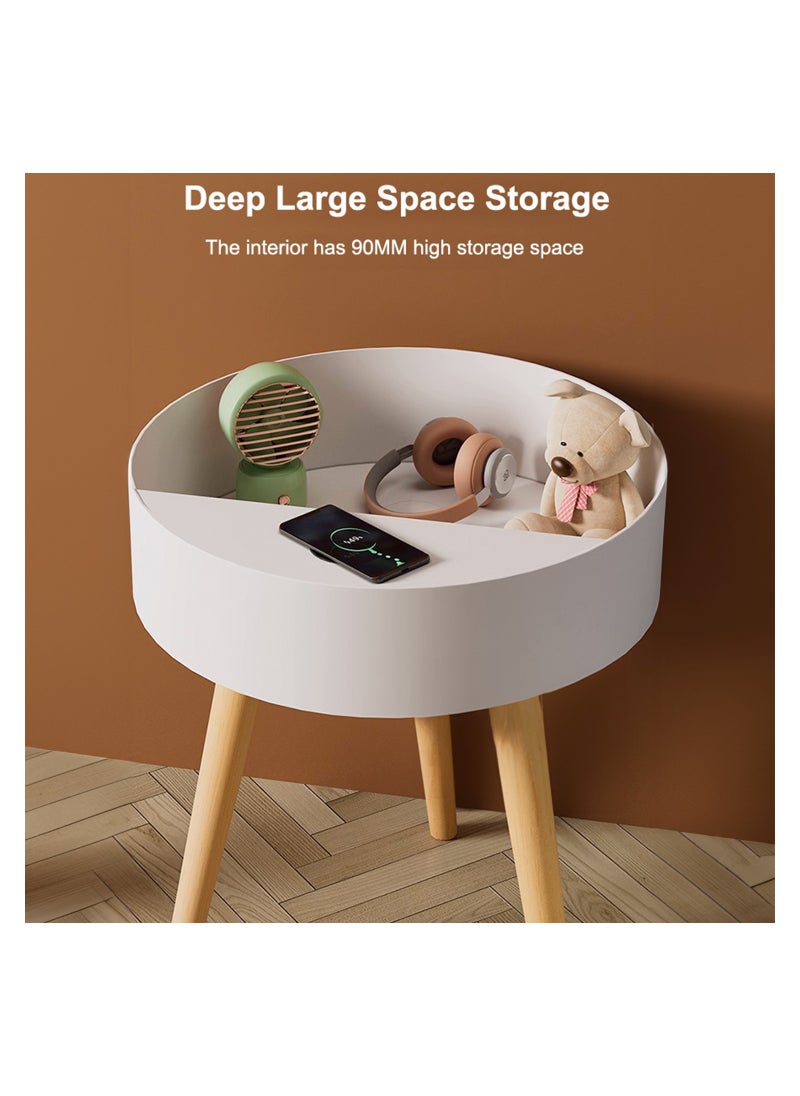 Occuwzz - Round Side Table with Charging Station Night Stand with Outlets USB Ports Wireless Charger  Storage Drawer Bedside Nightstand for Bedroom End Table for Living Room with Solid Wood Legs White - Image 1