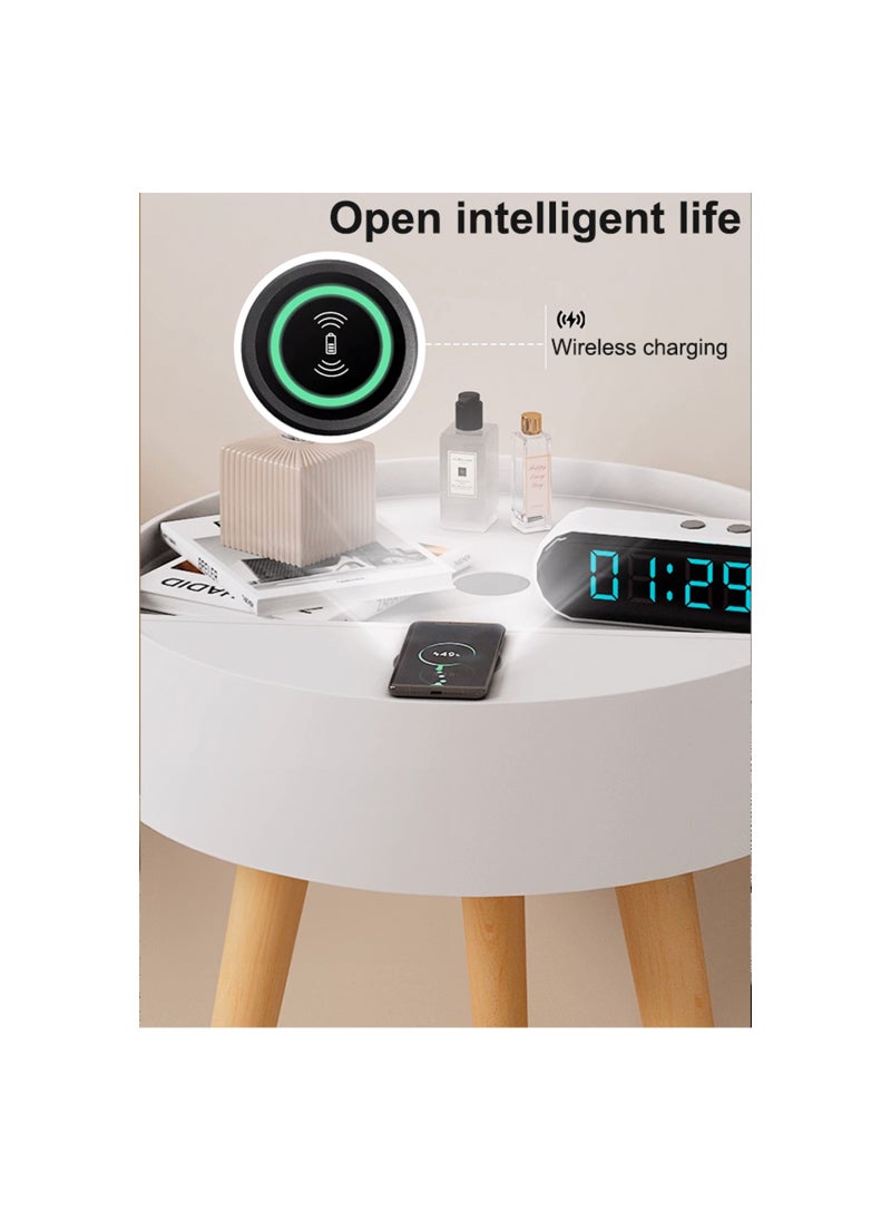 Occuwzz - Round Side Table with Charging Station Night Stand with Outlets USB Ports Wireless Charger  Storage Drawer Bedside Nightstand for Bedroom End Table for Living Room with Solid Wood Legs White - Image 1
