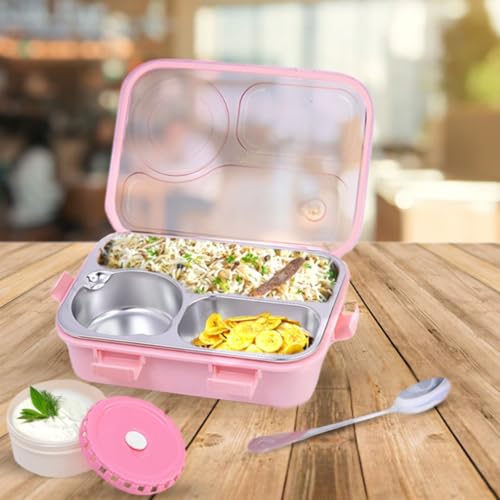 Attro Lunch Pro 3 Lunch Box with Detachable Inner Steel Compartments, Spoon, one Small Container, Heating Water Insulation Design, Foodgrade, Leakproof-750ml Bloosom Pink - Image 1